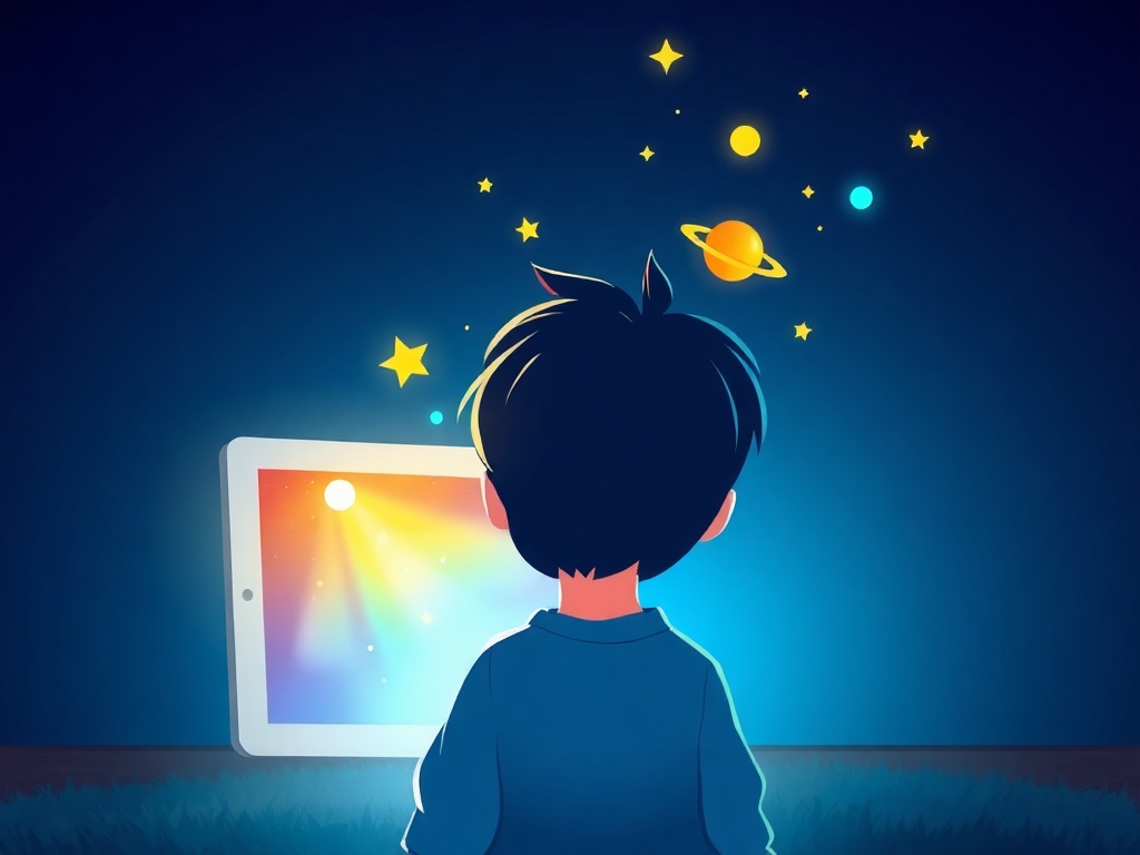 Un enfant émerveillé devant l'écran étoilé