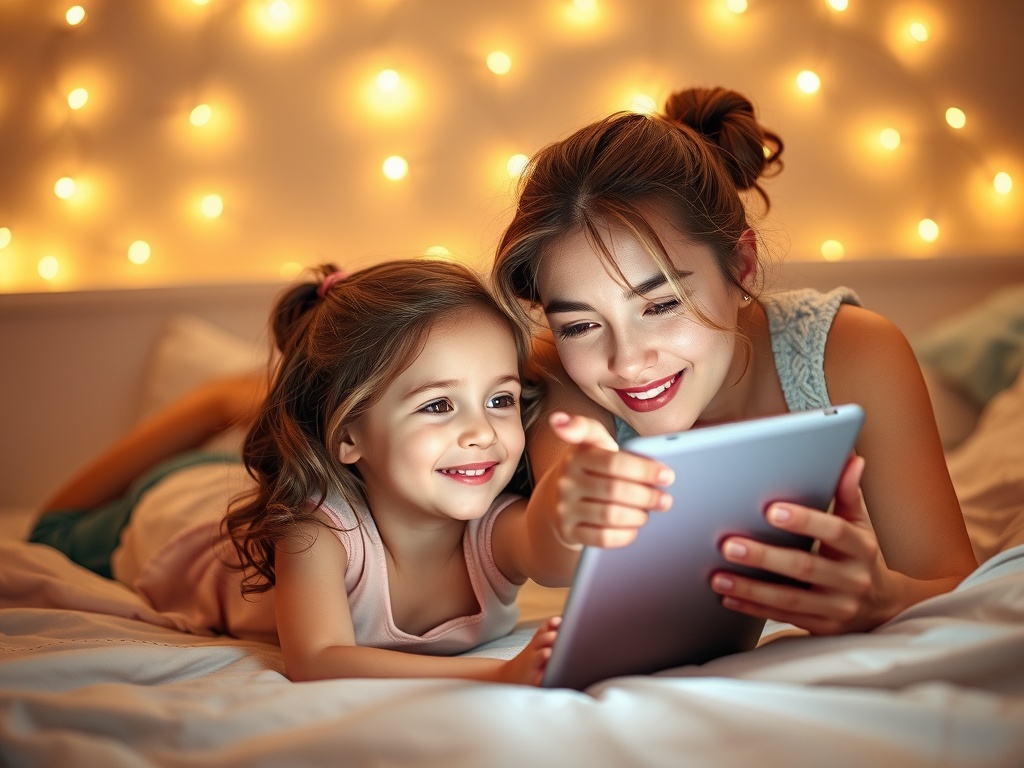 Une maman et sa fille jouent ensemble sur la tablette