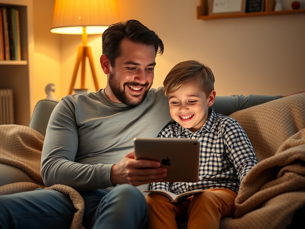 Un papa et son fils rient devant la tablette