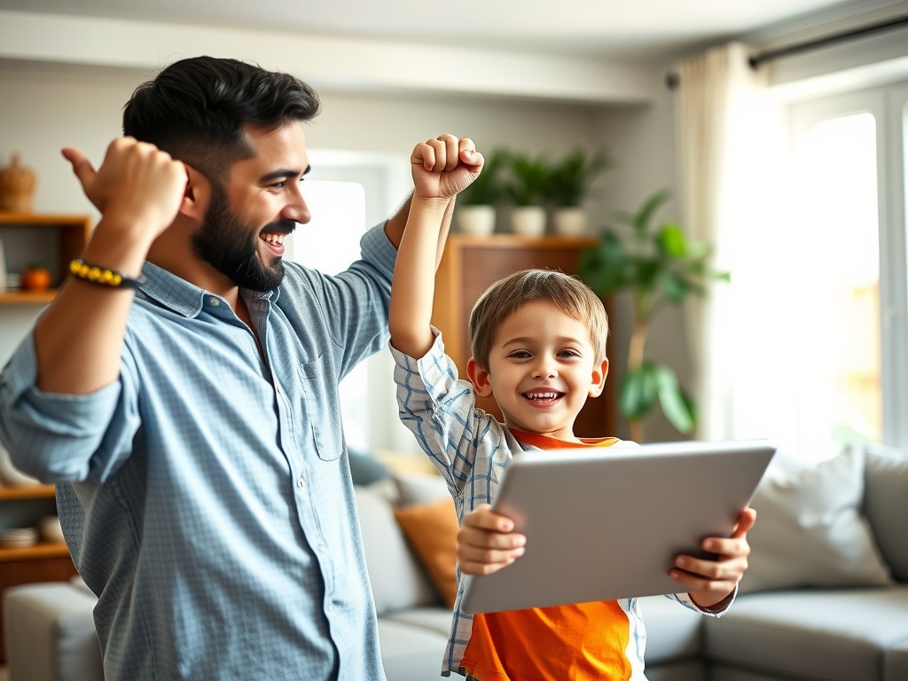 Un enfant fier de sa victoire avec son papa